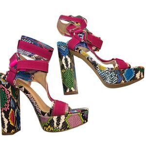 Women's 6.5 Platform Multicolor Snake Skin Print Sandal Shoe 5 Inch Heel 6 1/2